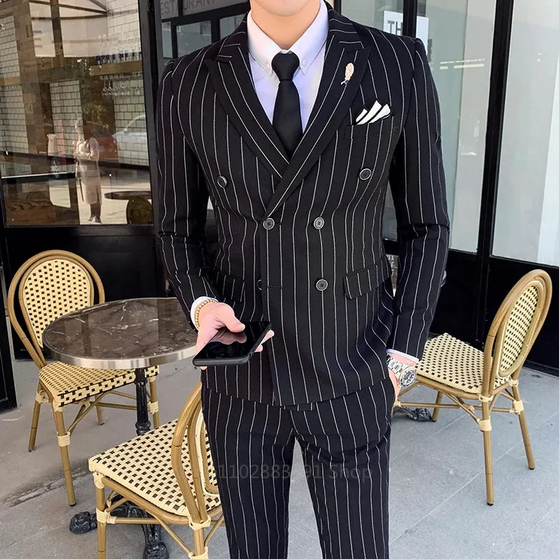 2024 Men's Slim Fit Vertical Stripe Double-Breasted Suit Set for Weddings