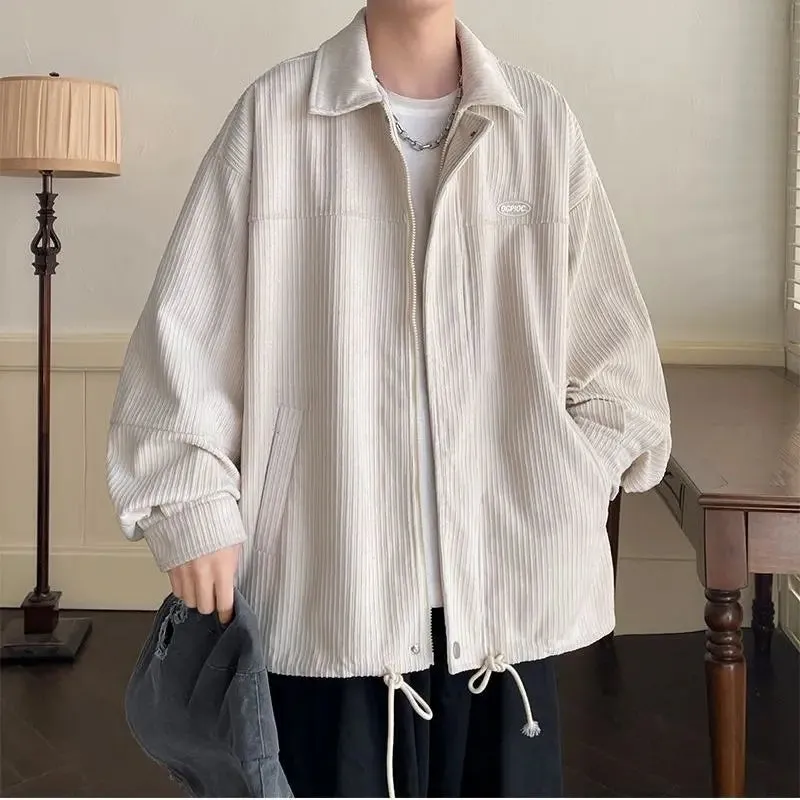 Aidase Spring Fashion Men's Casual T-Shirt Loose Soft Versatile Tops Zipper Corduroy Jacket Coat Cool Boys Solid Printi Drawstring