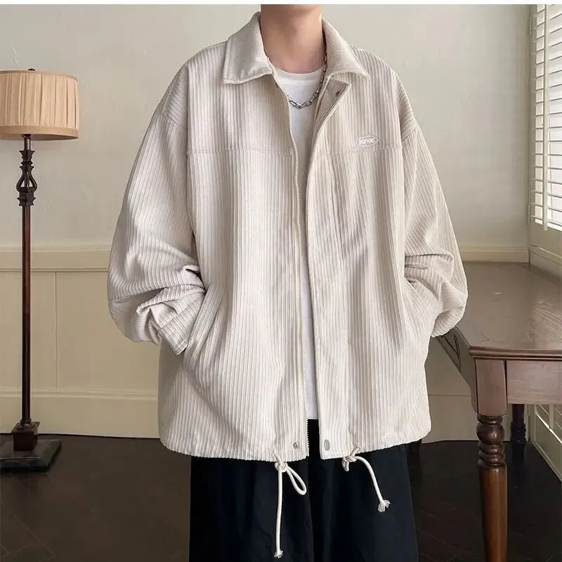 Aidase Spring Fashion Men's Casual T-Shirt Loose Soft Versatile Tops Zipper Corduroy Jacket Coat Cool Boys Solid Printi Drawstring