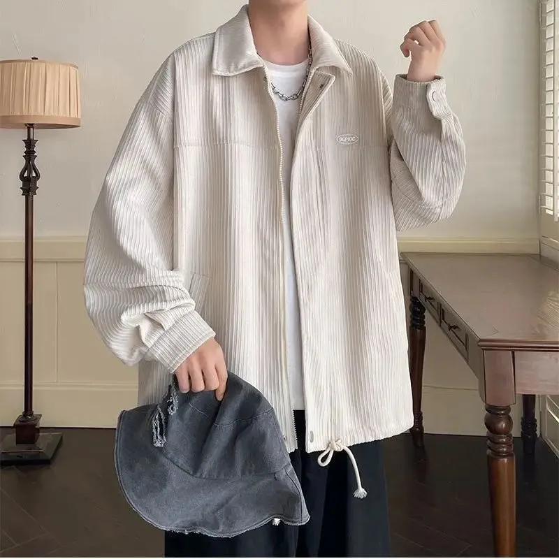 Aidase Spring Fashion Men's Casual T-Shirt Loose Soft Versatile Tops Zipper Corduroy Jacket Coat Cool Boys Solid Printi Drawstring