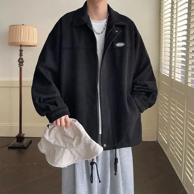 Aidase Spring Fashion Men's Casual T-Shirt Loose Soft Versatile Tops Zipper Corduroy Jacket Coat Cool Boys Solid Printi Drawstring