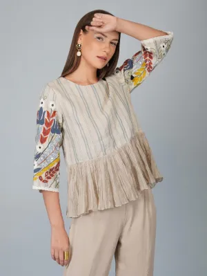 Beige Applique Sleeves Linen Gathered Top