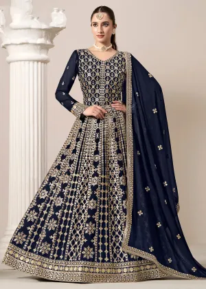 Blue All Over Embroidered Georgette Designer Anarkali Gown