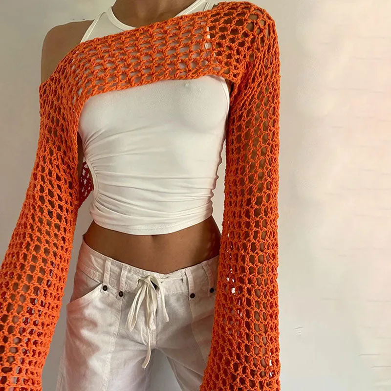 Boho Boat Neck Bell Sleeve Cutout Crochet Knit Super Crop Shrug Sweater