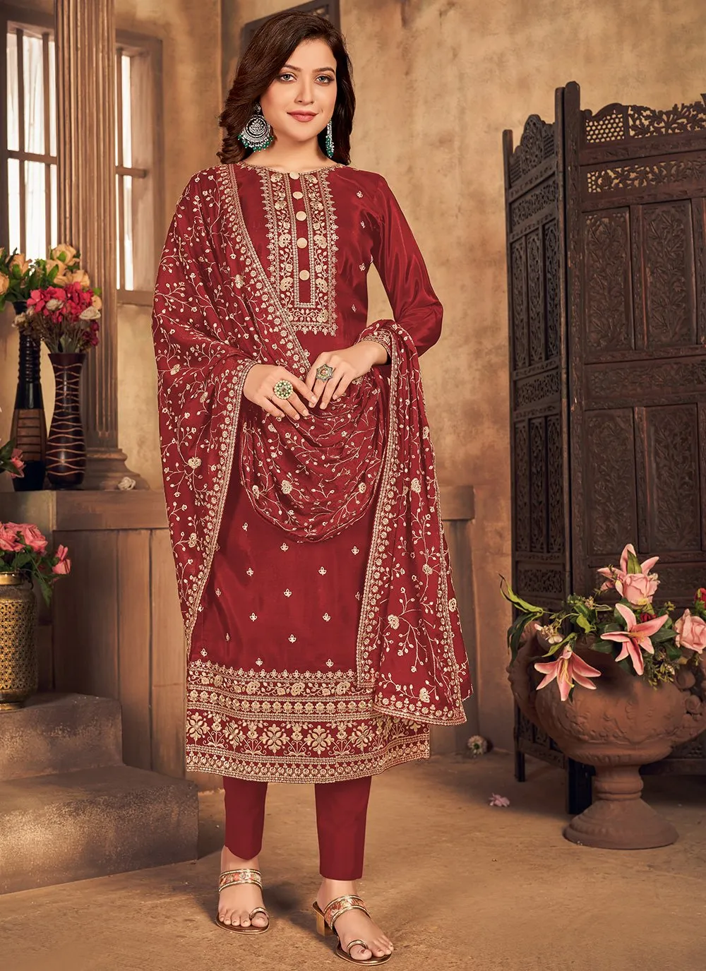 Burgundy Maroon Viscose Embroidered Straight Pant Style Suit