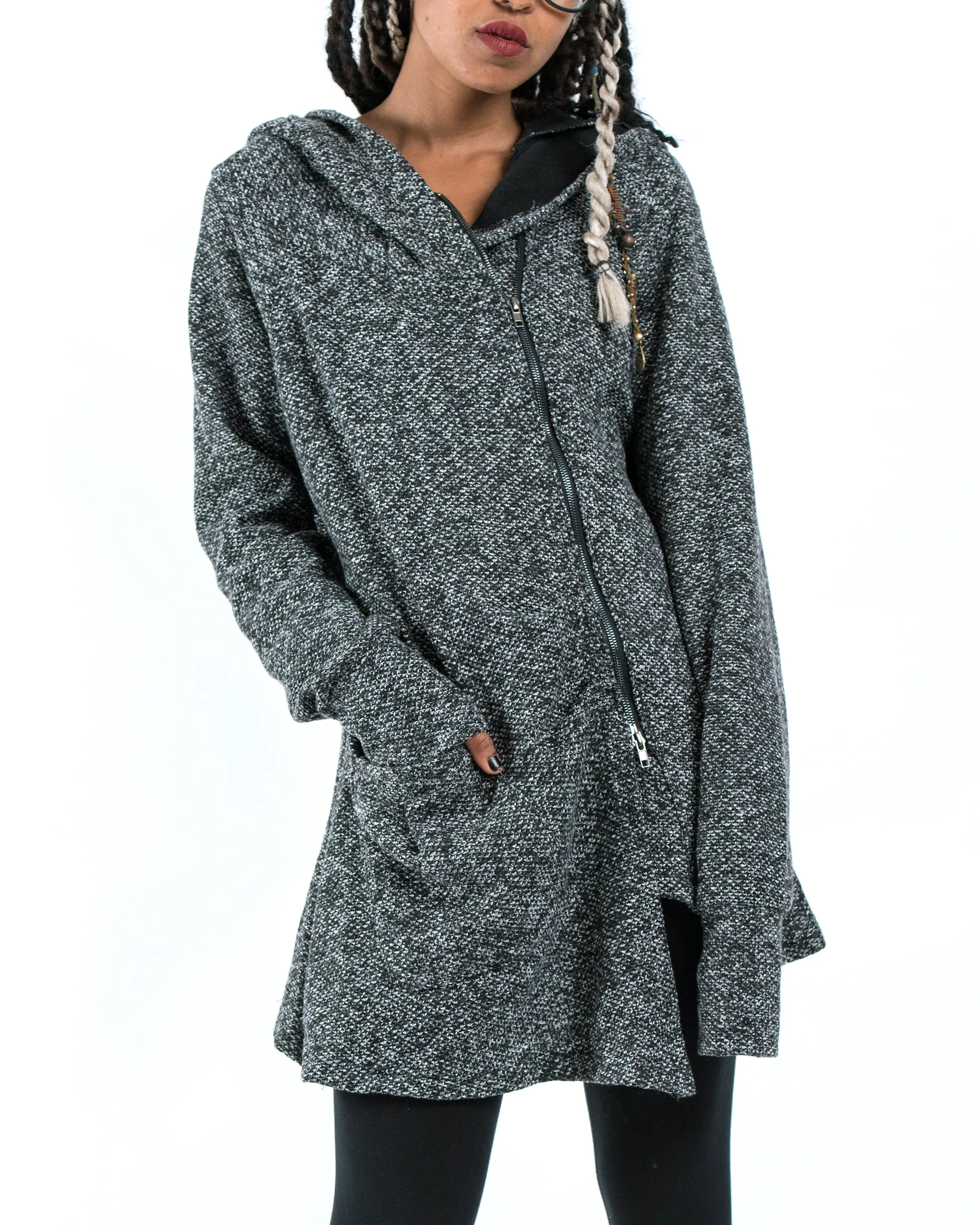 Diagonal Zip Up Long Sweater Jacket in Gray