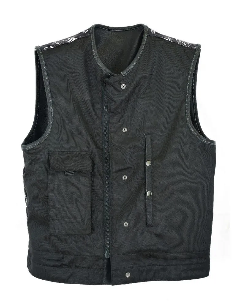 Dream Apparel Mens Club Vest Black Paisley Liner, White Thread Front Zipper Conceal Gun Pockets