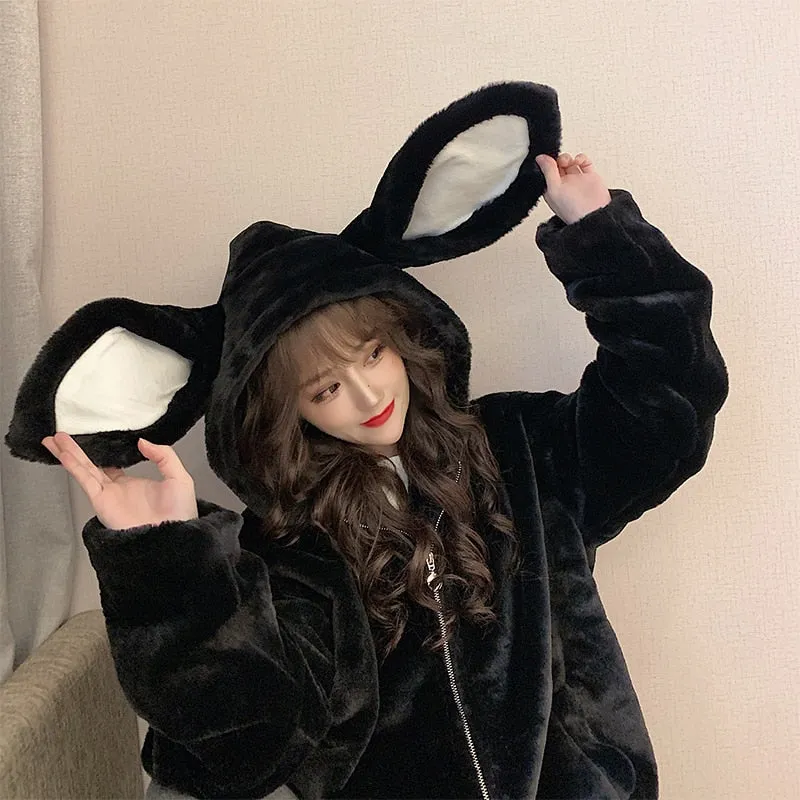 Fashionkova   Emo Women Korean Black Autumn Winter Alt Gothic Harajuku Hoodies Cute Rabbit Ears Hooded Outwear Loose Warm Plush Coats Clothes