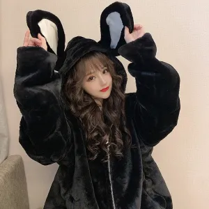 Fashionkova   Emo Women Korean Black Autumn Winter Alt Gothic Harajuku Hoodies Cute Rabbit Ears Hooded Outwear Loose Warm Plush Coats Clothes