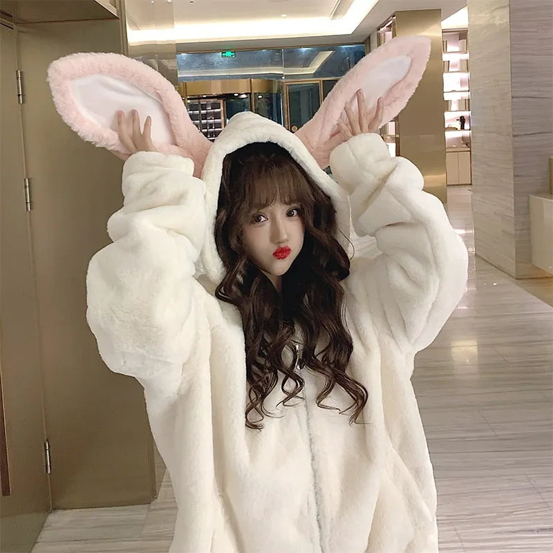 Fashionkova   Emo Women Korean Black Autumn Winter Alt Gothic Harajuku Hoodies Cute Rabbit Ears Hooded Outwear Loose Warm Plush Coats Clothes