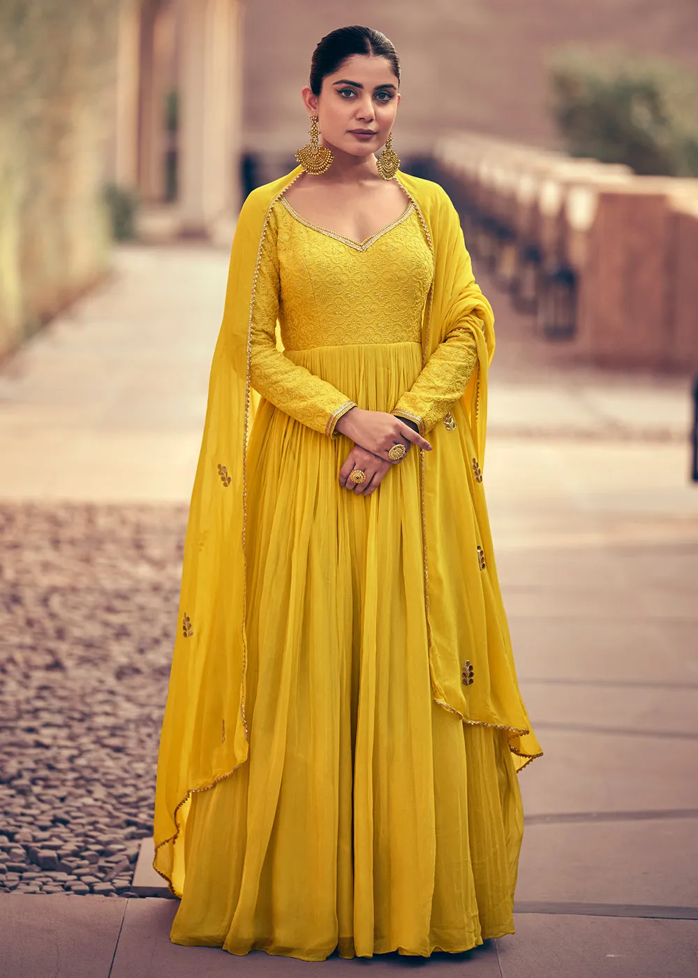 Festive Style Yellow Embroidered Georgette Anarkali Suit