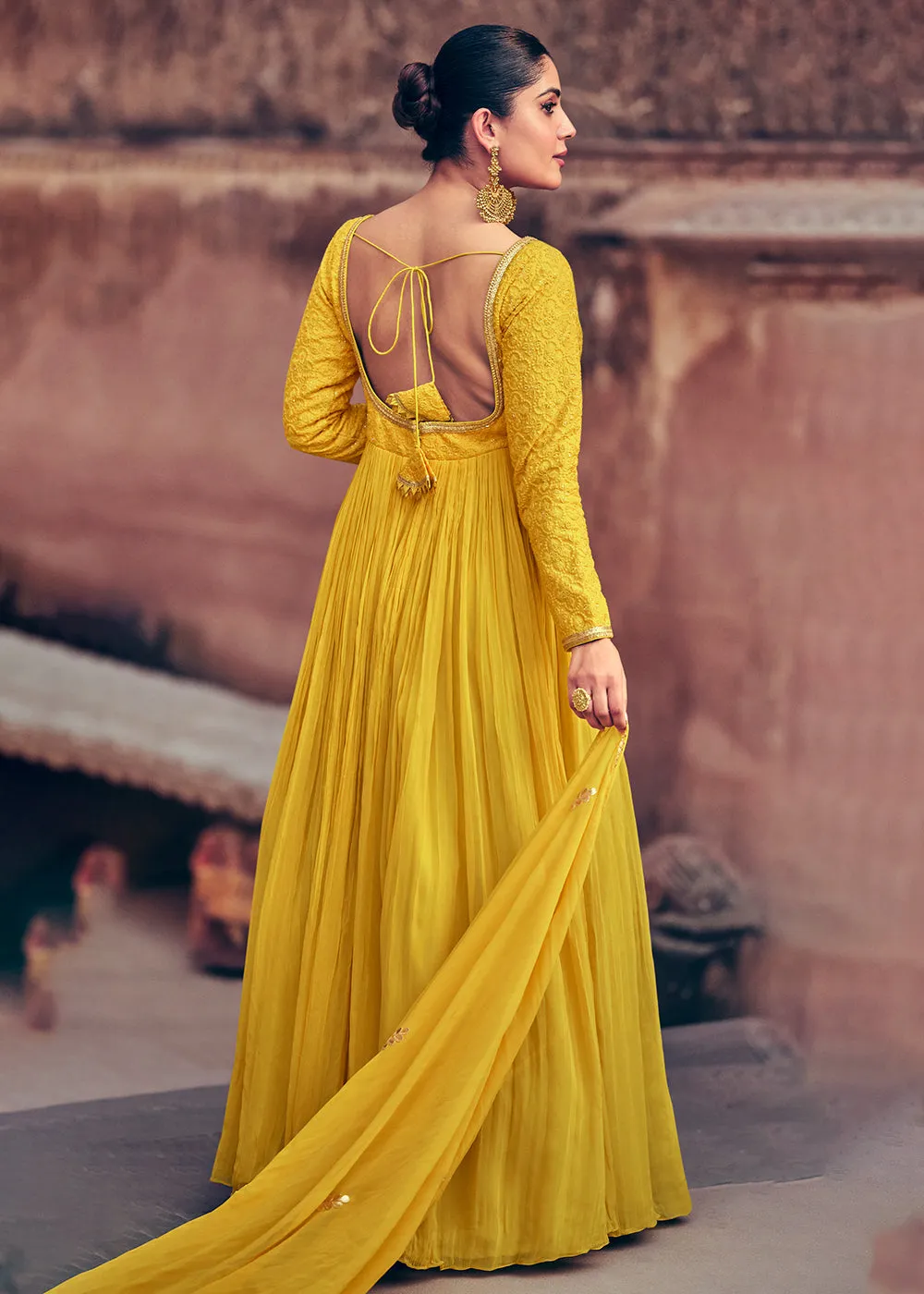 Festive Style Yellow Embroidered Georgette Anarkali Suit