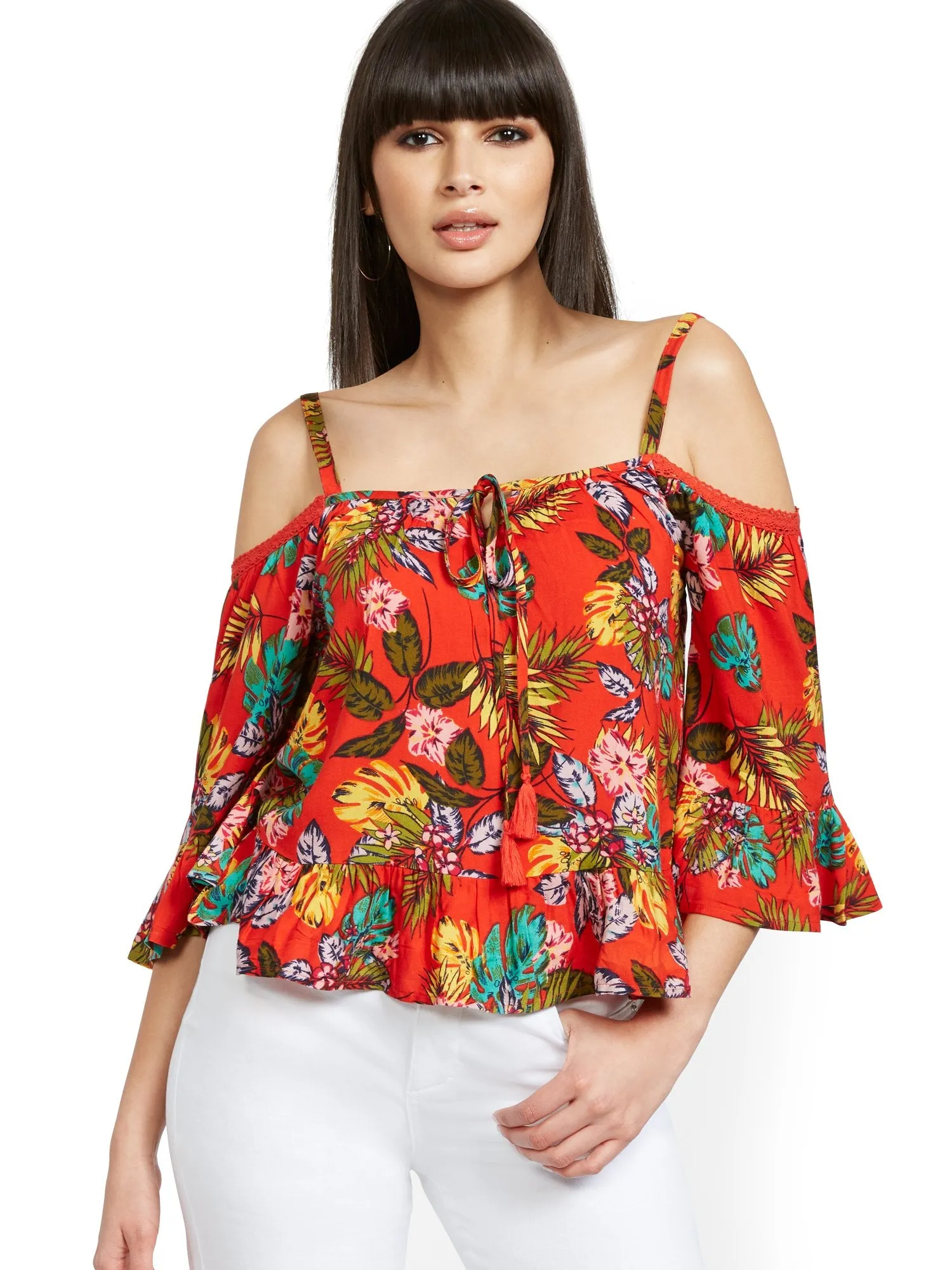 Floral Crochet-Trim Cold-Shoulder Top