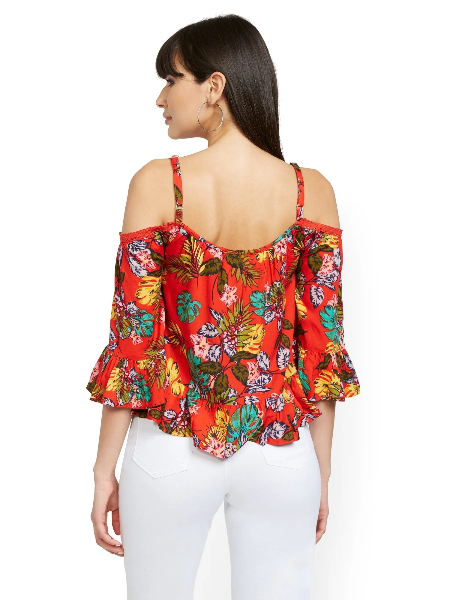 Floral Crochet-Trim Cold-Shoulder Top