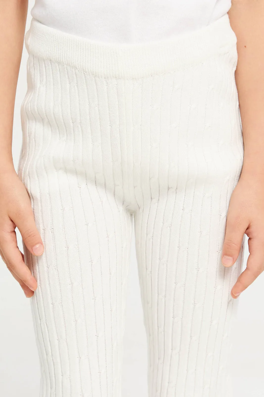 Girls White Cable Knit Leggings