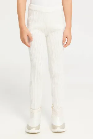 Girls White Cable Knit Leggings