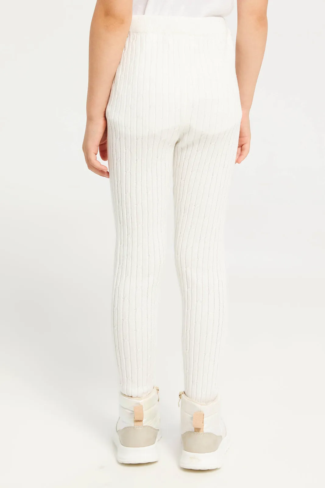 Girls White Cable Knit Leggings