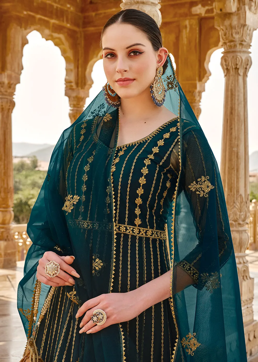 Heavy Stone Embroidered Peacock Blue Designer Anarkali Suit