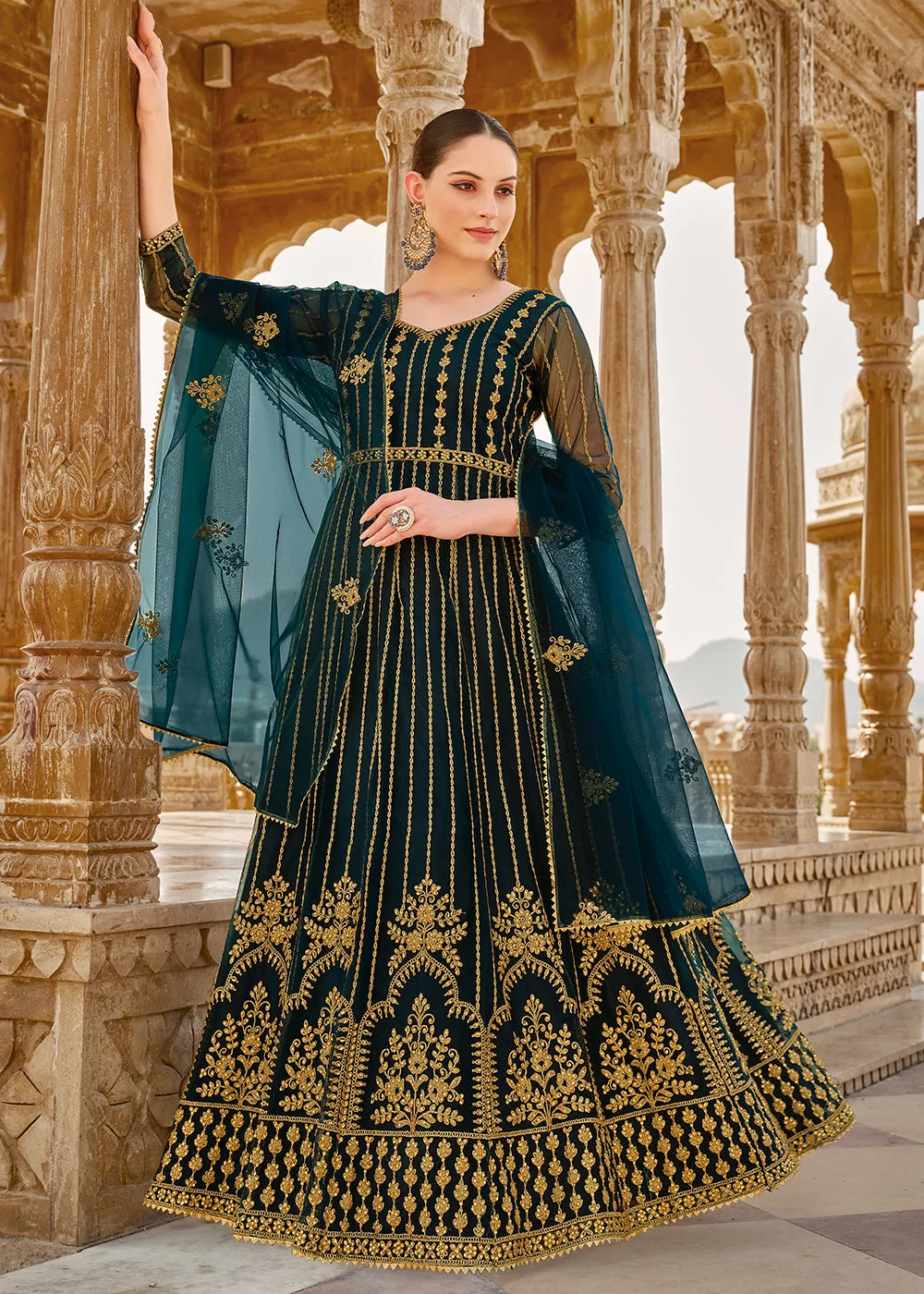 Heavy Stone Embroidered Peacock Blue Designer Anarkali Suit