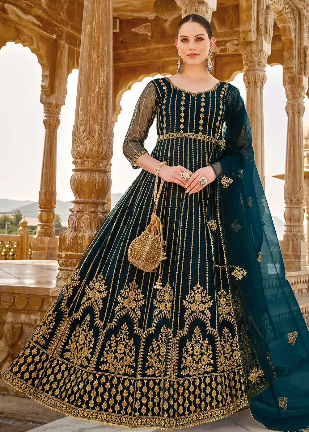 Heavy Stone Embroidered Peacock Blue Designer Anarkali Suit