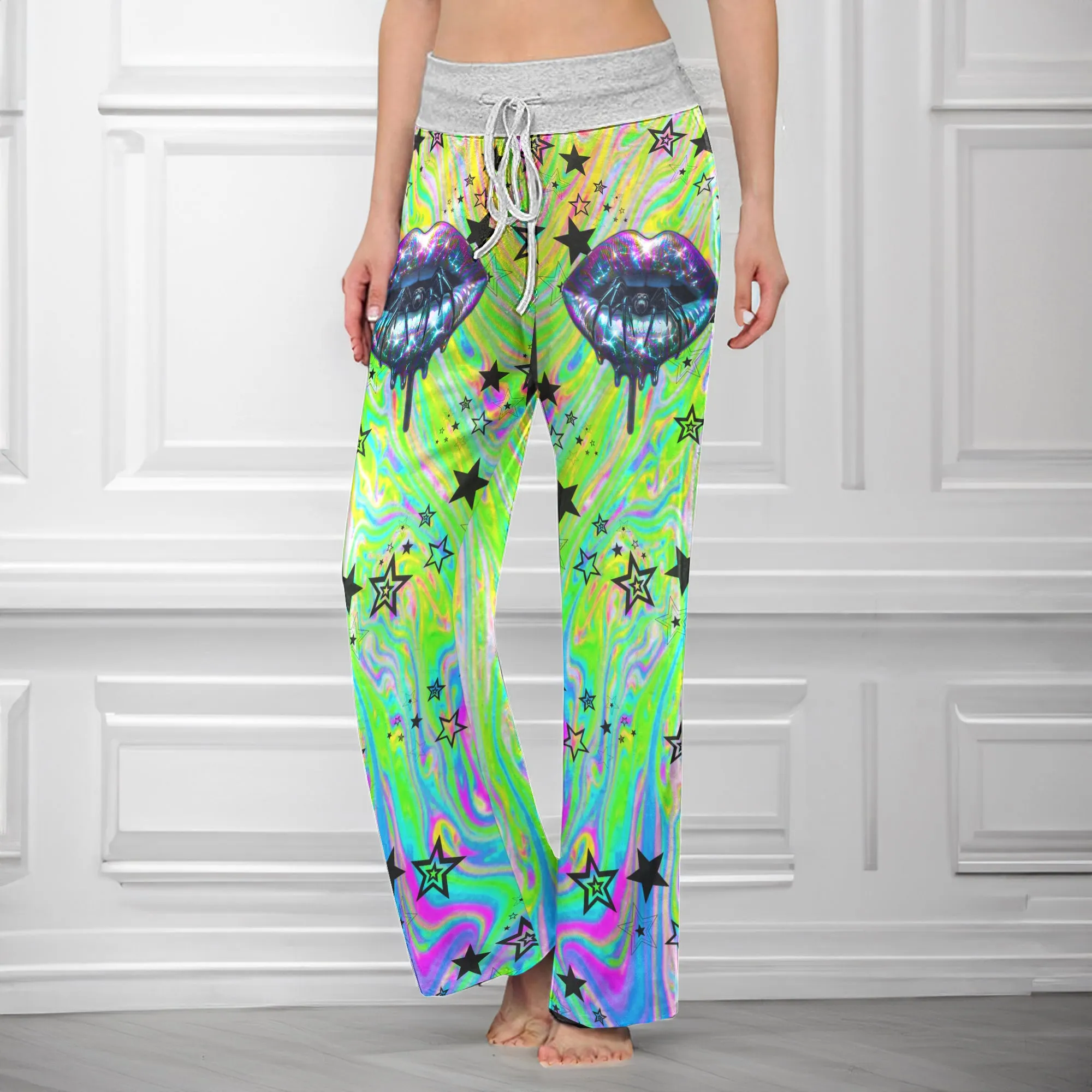 Holographic Skull Lip Art Women's High-waisted Wide Leg Pants