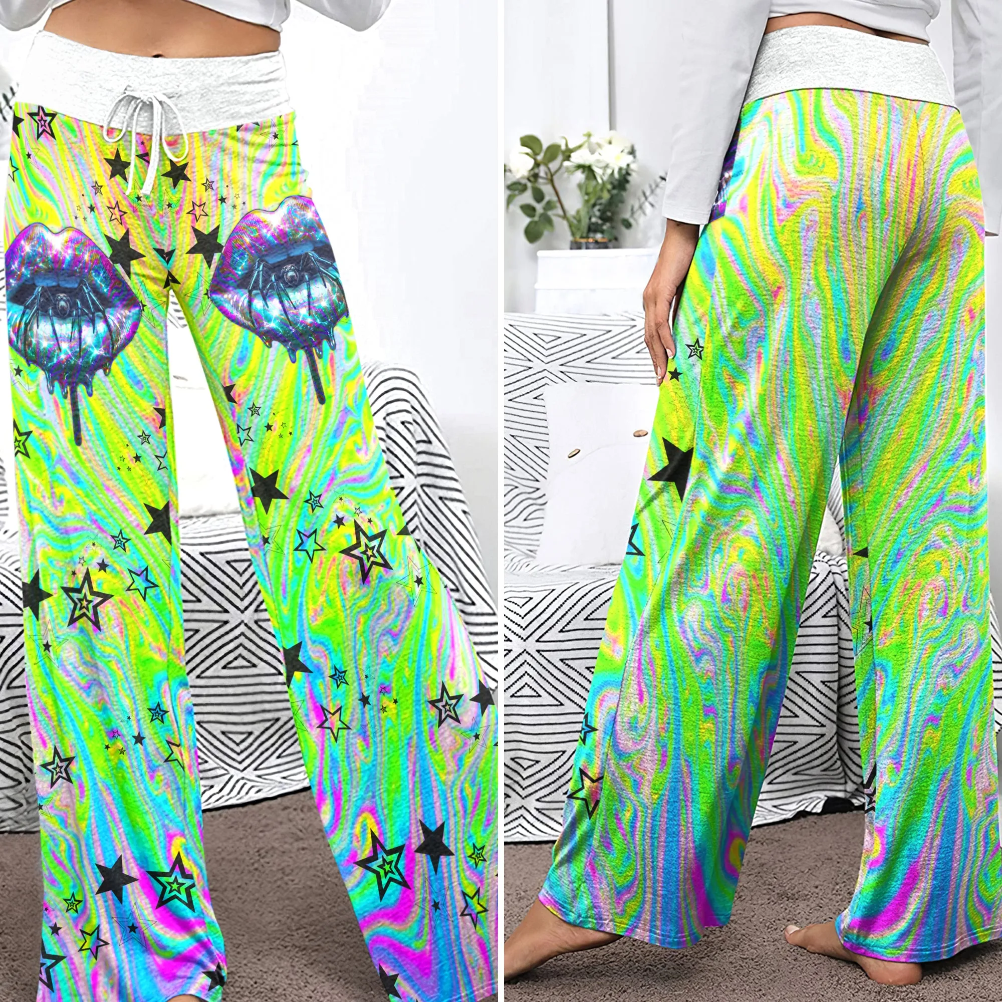 Holographic Skull Lip Art Women's High-waisted Wide Leg Pants