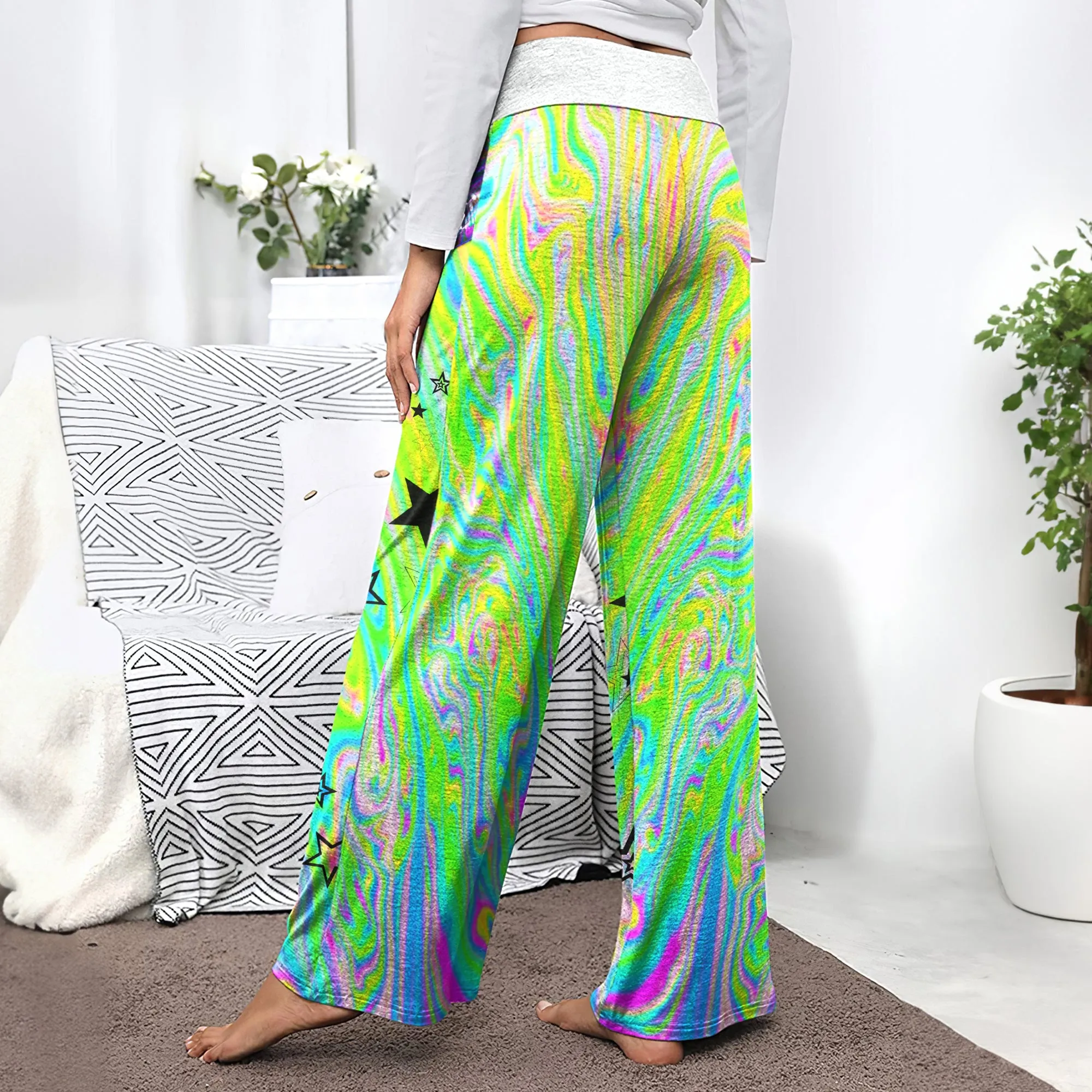 Holographic Skull Lip Art Women's High-waisted Wide Leg Pants