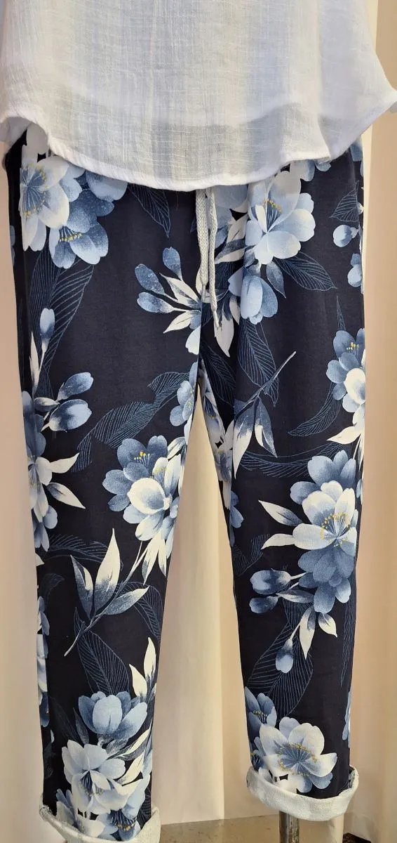 Italian Stretch Pants – Navy, Blue and White Flowers