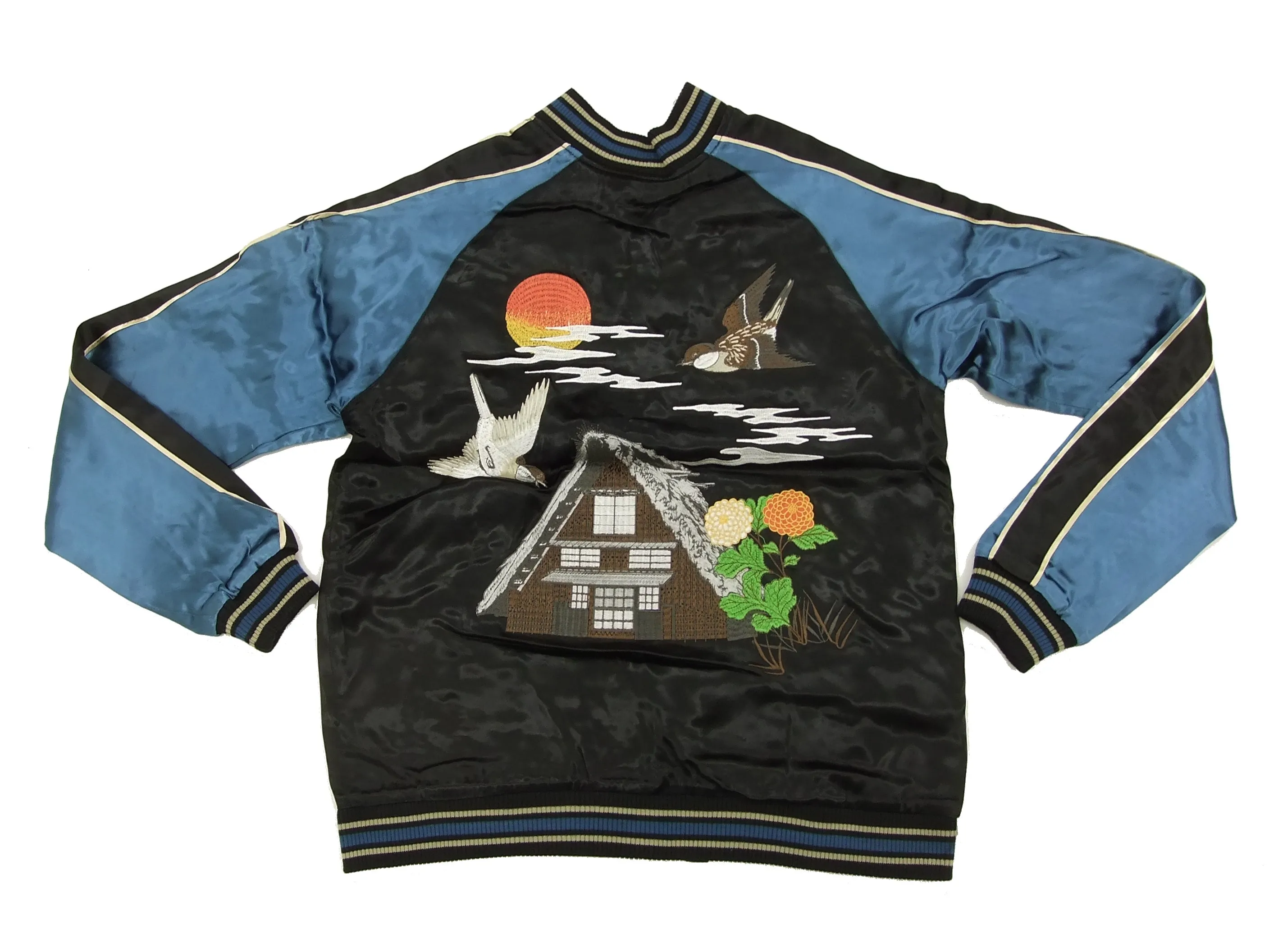 Japanesque Script Japanese Souvenir Jacket 3RSJ-034 Sparrows Men's Sukajan Black/Blue