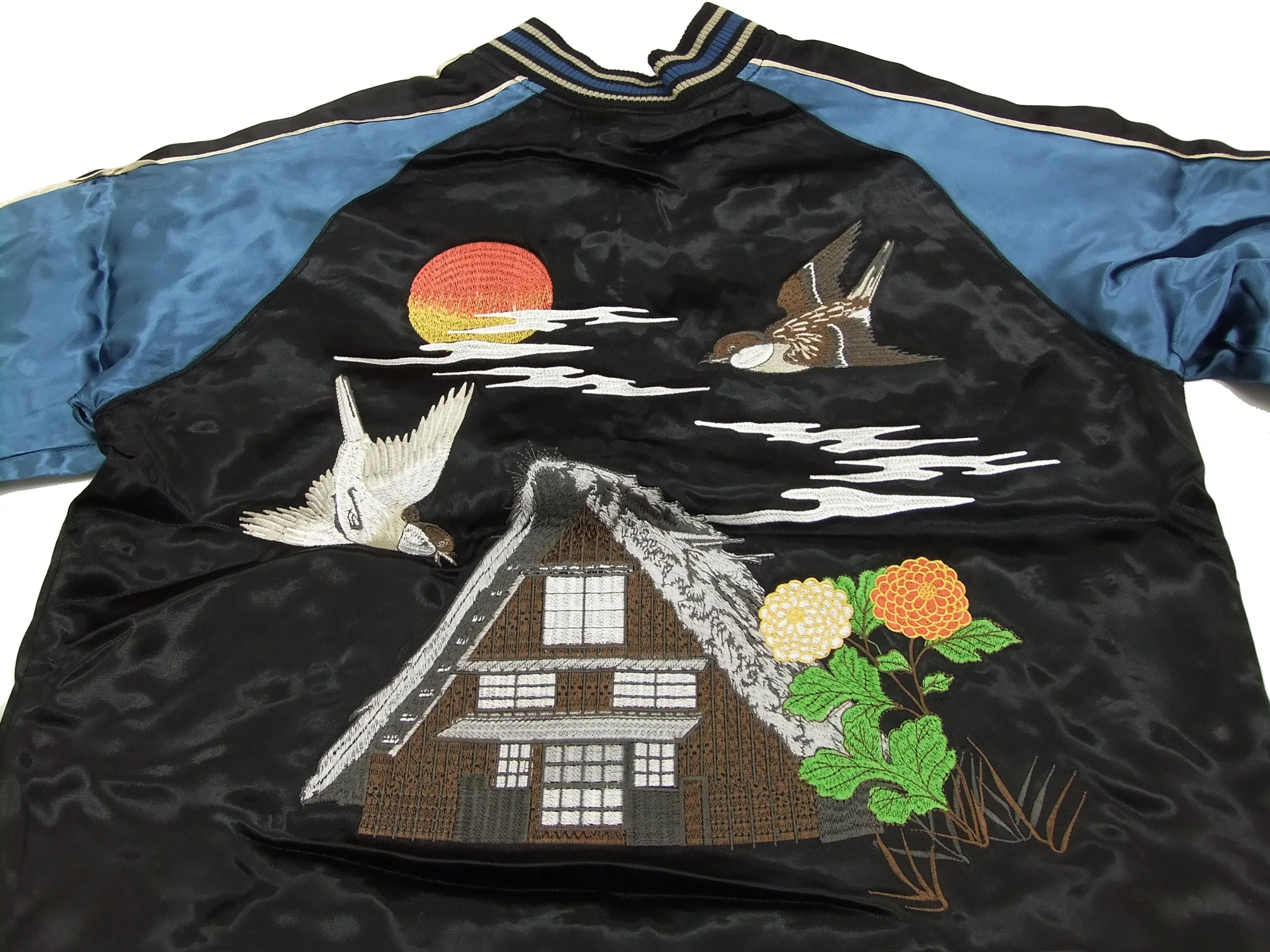 Japanesque Script Japanese Souvenir Jacket 3RSJ-034 Sparrows Men's Sukajan Black/Blue