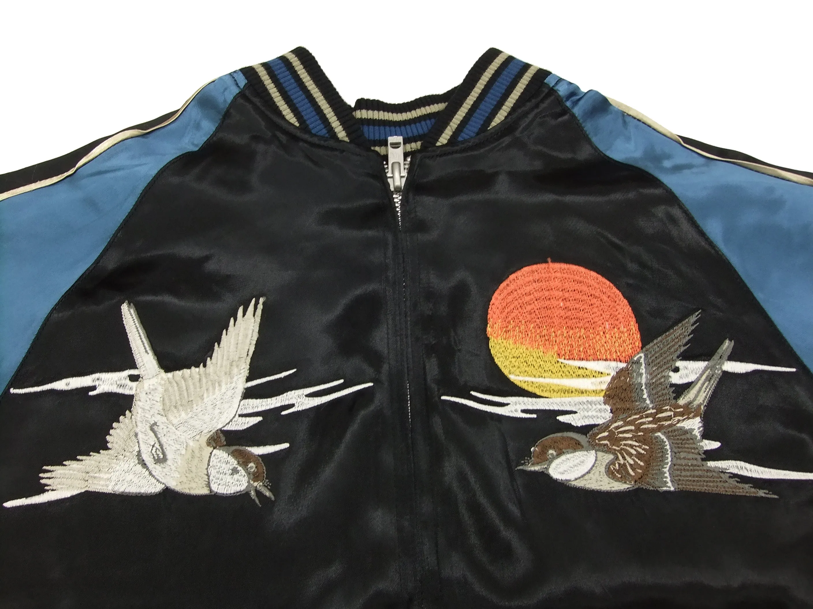 Japanesque Script Japanese Souvenir Jacket 3RSJ-034 Sparrows Men's Sukajan Black/Blue