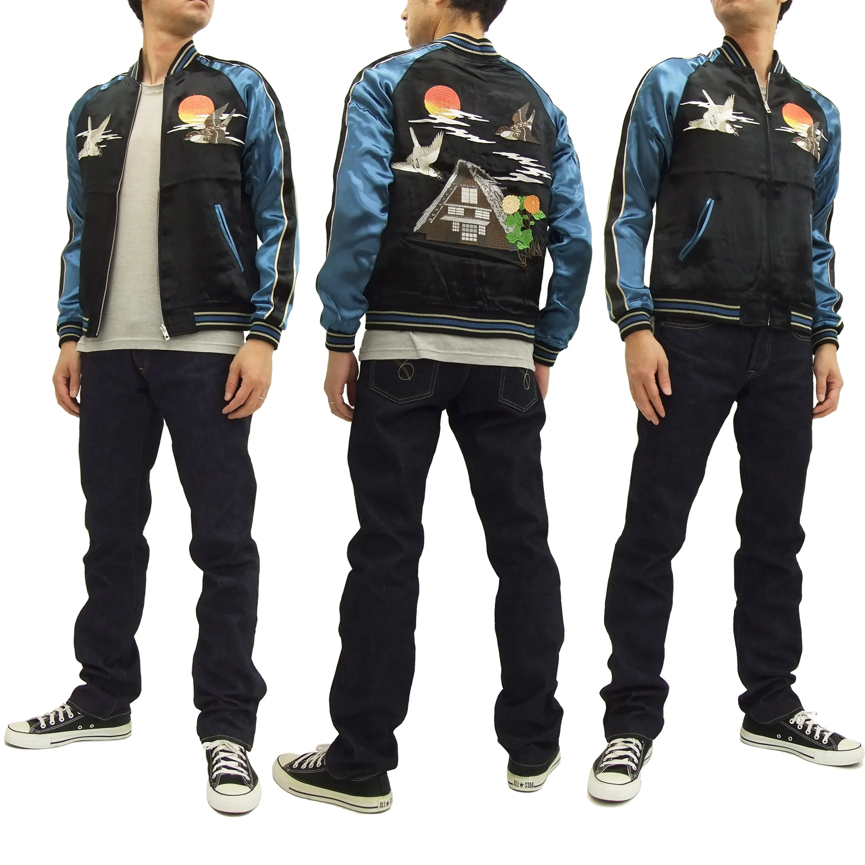 Japanesque Script Japanese Souvenir Jacket 3RSJ-034 Sparrows Men's Sukajan Black/Blue