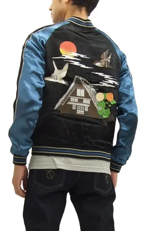 Japanesque Script Japanese Souvenir Jacket 3RSJ-034 Sparrows Men's Sukajan Black/Blue