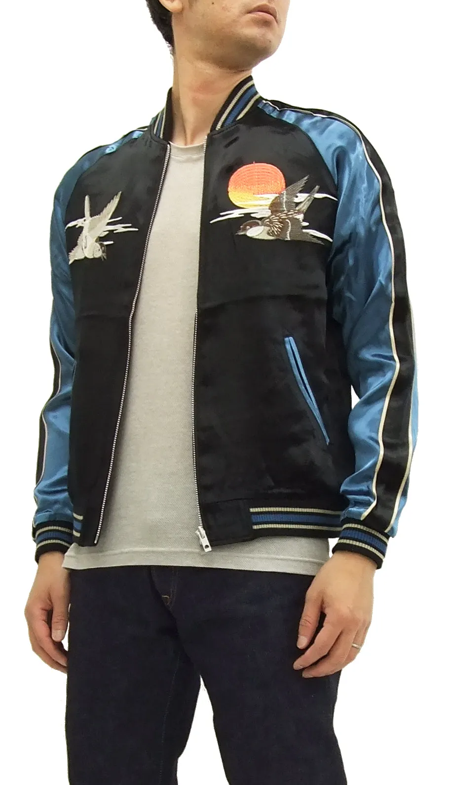 Japanesque Script Japanese Souvenir Jacket 3RSJ-034 Sparrows Men's Sukajan Black/Blue