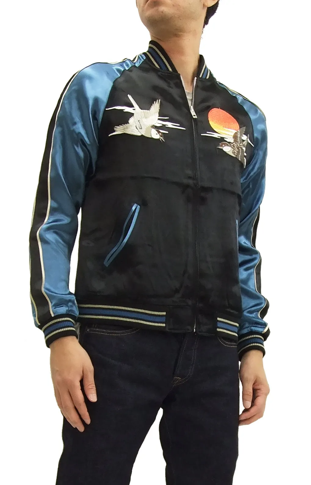 Japanesque Script Japanese Souvenir Jacket 3RSJ-034 Sparrows Men's Sukajan Black/Blue