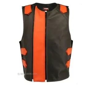 Made In USA Dual Front Zipper Bulletproof Style Leather Biker Vest Black/Orange