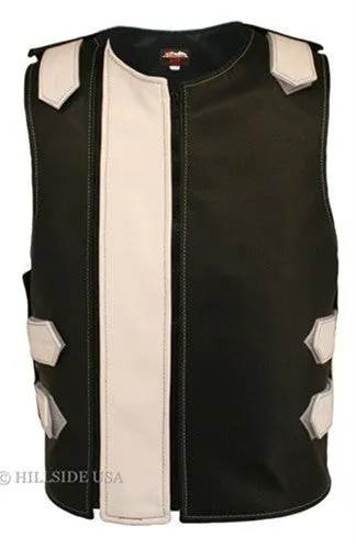 Made In USA Dual Front Zipper Bulletproof Style Leather Biker Vest Black/Orange