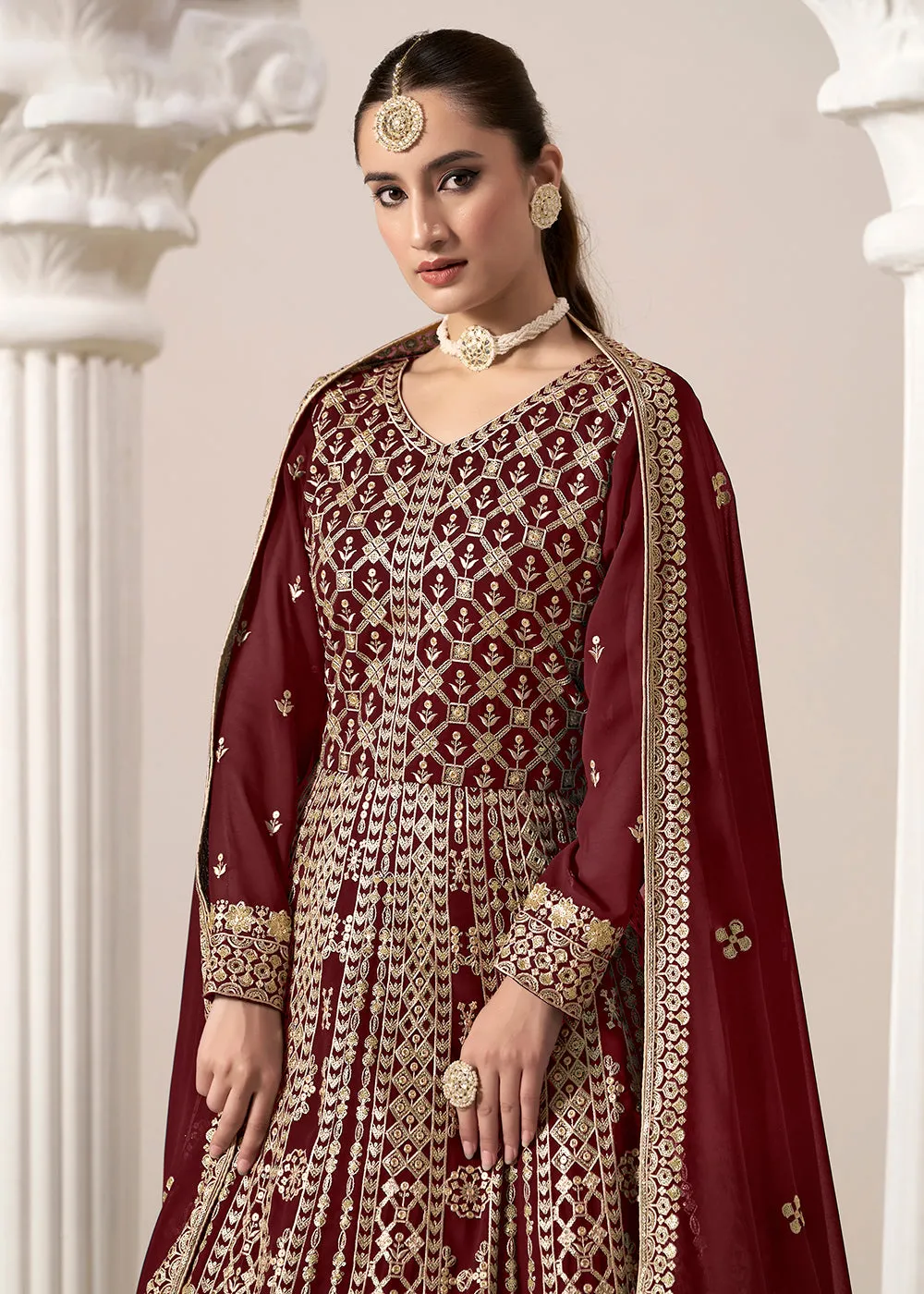 Maroon All Over Embroidered Georgette Designer Anarkali Gown