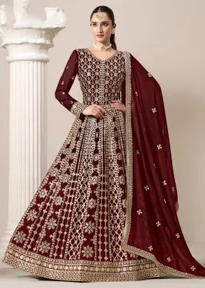 Maroon All Over Embroidered Georgette Designer Anarkali Gown