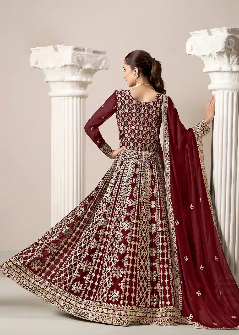 Maroon All Over Embroidered Georgette Designer Anarkali Gown