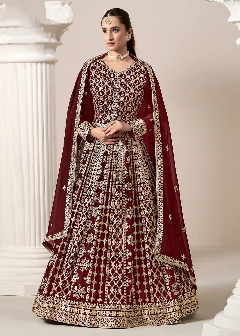 Maroon All Over Embroidered Georgette Designer Anarkali Gown