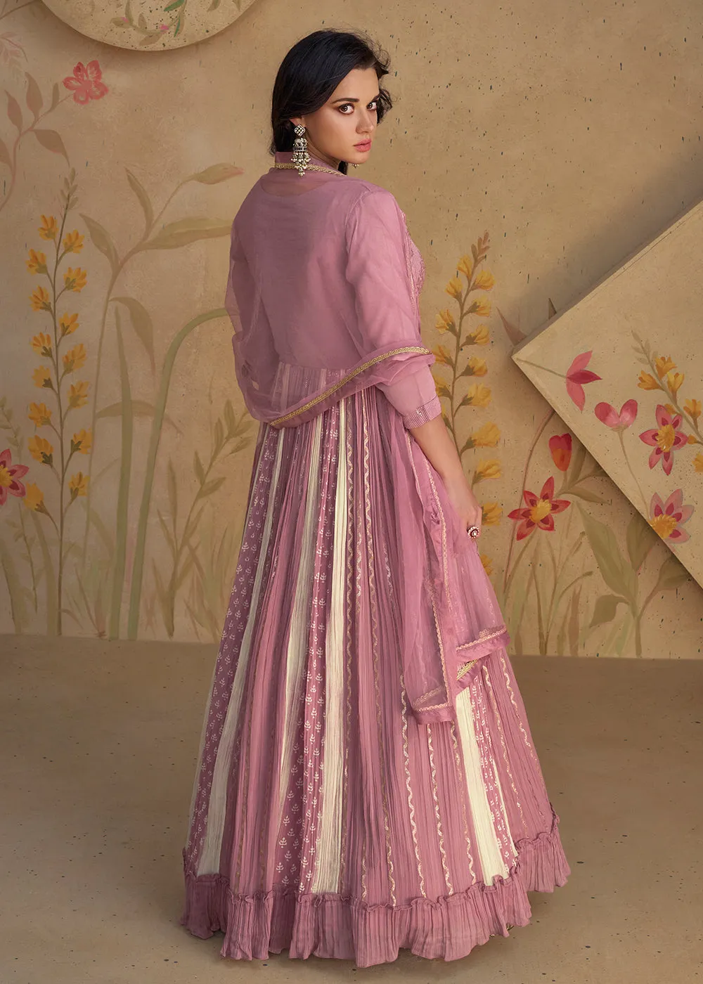 Mauve Pink Sequins & Thread Wedding Festive Anarkali Dress