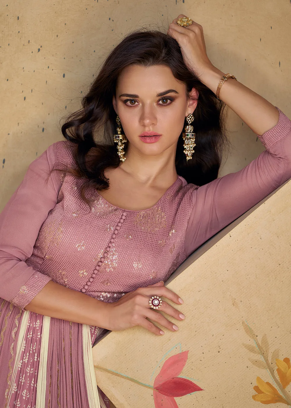 Mauve Pink Sequins & Thread Wedding Festive Anarkali Dress