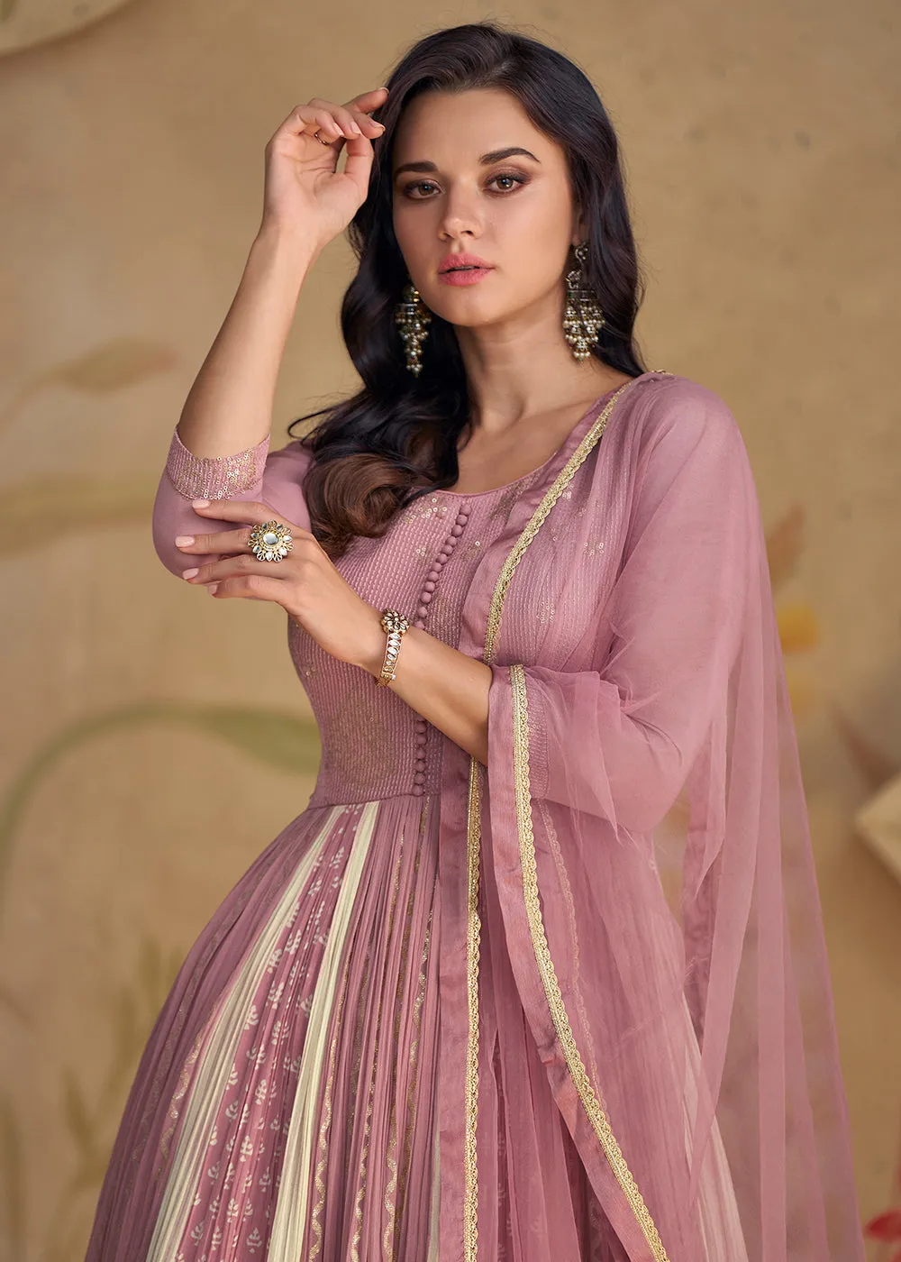 Mauve Pink Sequins & Thread Wedding Festive Anarkali Dress