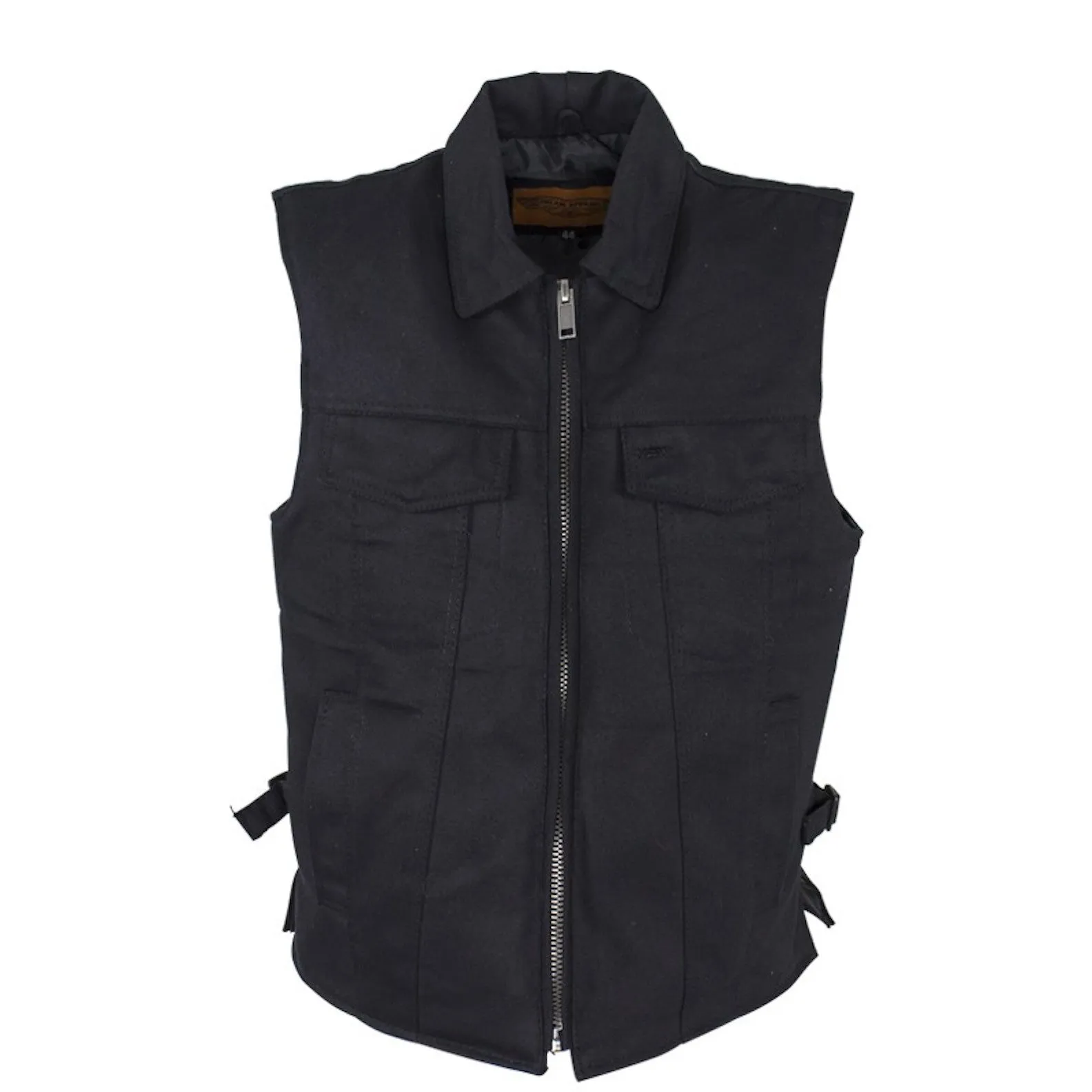 Men’s Black Denim Motorcycle Club Vest with Folded Collar & Hidden Snaps