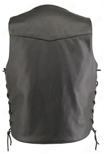 Mens Made in USA Black Naked Leather Motorcycle Vest Solid Back Gun Concealment Pockets