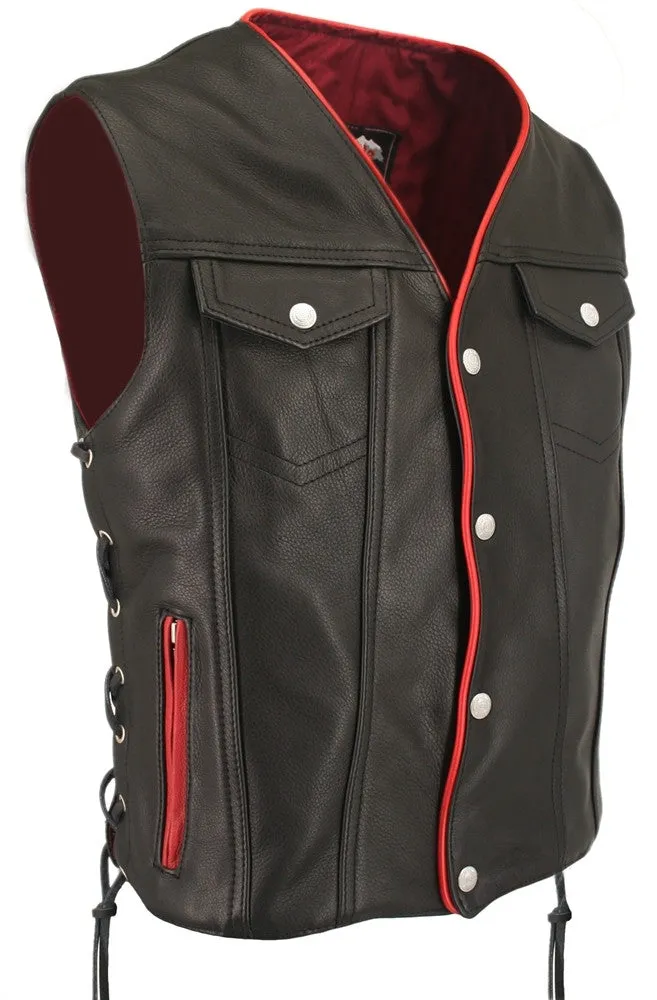 Men's Made in USA Naked Leather Motorcycle Vest Red Trim Leather Lined Gun Pockets