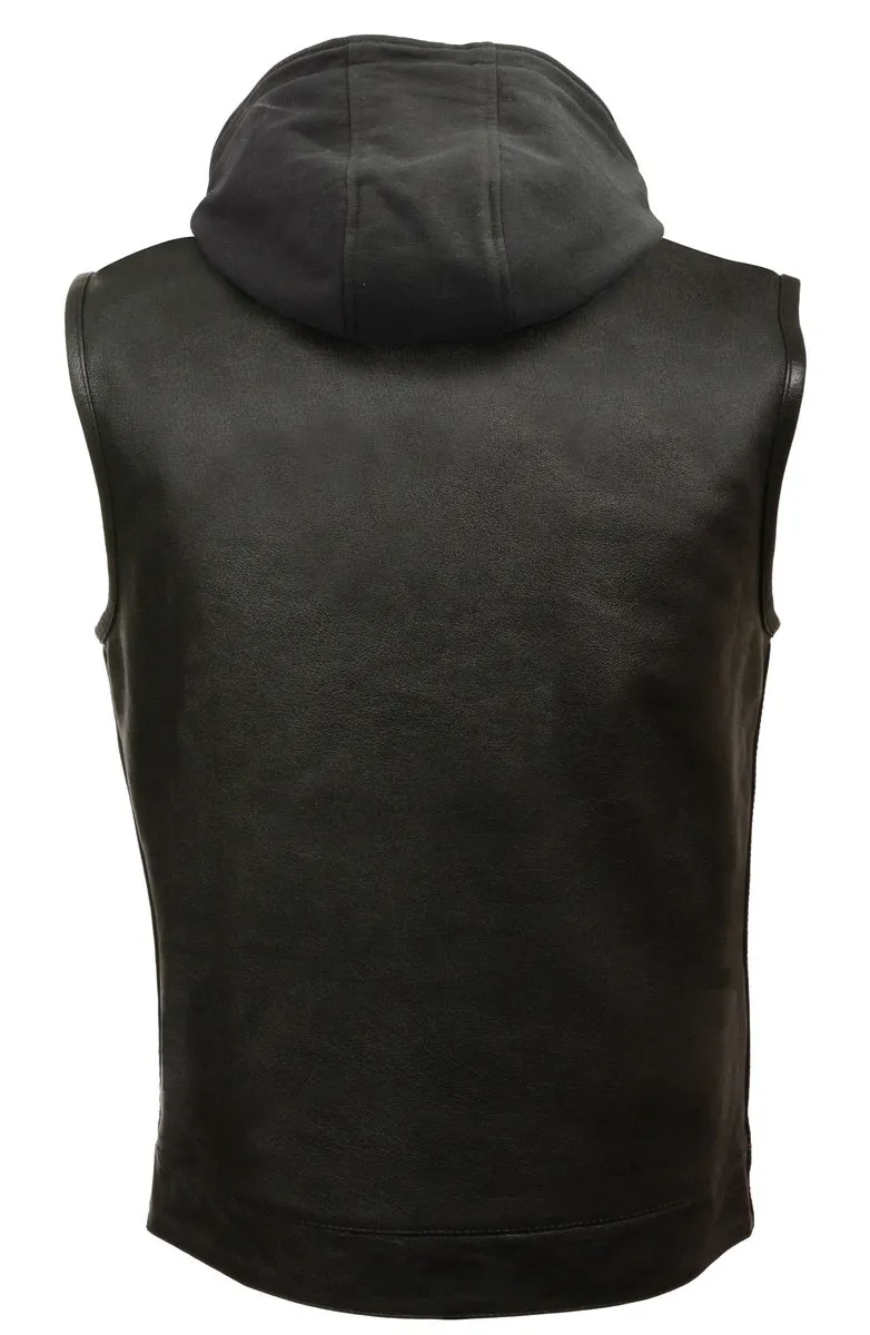 Men’s Premium Black Leather Club Style Motorcycle Riding Vest with Removable Bib Hoodie BZ6110