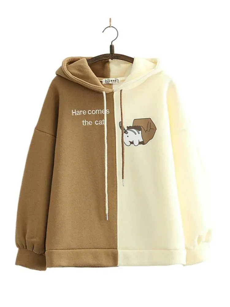 Metaversmall Fleece Women Hooded Sweatshirt Harajuku Cartoon Print And Letter Embroidery Casual Hoodies Winter Full Sleeve Warm Top