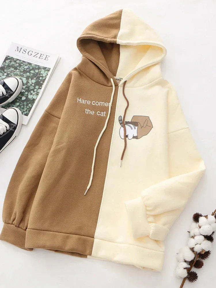 Metaversmall Fleece Women Hooded Sweatshirt Harajuku Cartoon Print And Letter Embroidery Casual Hoodies Winter Full Sleeve Warm Top